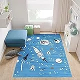 TAPISO Pinky Teppich Kurzflor Blau Grau Weiß Modern Raketen Planeten Weltall Design Kinderzimmer Kinderteppich ÖKOTEX 160 x 220 cm