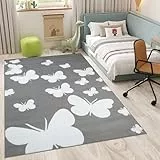 TAPISO Luxury Teppich Kurzflor Kinderteppich Grau Weiß Modern Schmetterlinge Design Wohnzimmer Schlafzimmer Kinderzimmer ÖKOTEX 80 x 150 cm