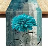 Tischläufer Herbst Leinen Abstrakte Kunst Gemälde Blaugrüne Graue Blumen Tischdeko Vintage Waschbare Esstischdecke Tischläufer Böhmen für Bankett Party Urlaub Hochzeiten 40 x 140 cm