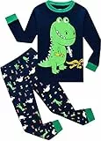 EULLA Kinder Jungen Schlafanzug Langarm Baumwolle Winter Pyjama Set Dinosaurier Zweiteiliger Nachtwäsche 7 Jahre alt Größe 122 D-Dunkelblau Dinosaurier DE 122