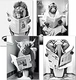 artpin® WC Deko Poster Badezimmer Bilder - A4 Kunstdruck schwarz weiß Toilette Wanddeko 4er Set Hochlandrind Affe Löwe Elefant Safari B19