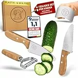 Eli® Kindermesser - kindersicheres hochwertiges 4 teiliges Kinder Küchenmesser Set inkl. Fingerschutz - Sparschäler - rostfreier Edelstahl - Griffe aus Buchenholz - Schneidemesser