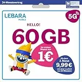 LEBARA Handytarif Hello! 60 | 60 GB Datenvolumen | 9,99€ mtl. | 5G mit bis zu 50 Mbit/s | Allnet-Flat Telefonie & SMS Deutschland inkl. EU-Roaming | 200 Auslandsminuten