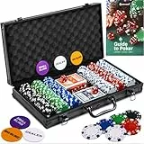 Queensell Pokerkoffer mit 300 Poker Chips für Texas Holdem – Profi Poker Set mit Aluminium Koffer, Pokerkarten, Dealer Button & Würfeln
