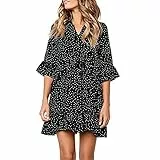 TSWRK Damen Kleid V-Ausschnitt Rüschen Punkte Sommerkleid Casual Minikleid Lose Strandkleider