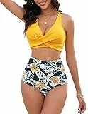 JASAMBAC BadeanzüGe FüR Damen Bauchweg,Bikini Damen Set,Twsit Cross Push Up Bikini-Oberteil Und High Waist Bikini-Unterteile, Weiche Hochwertige Bademode BadeanzüGe FüR Strand, Pool