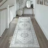 PureCozy Vintage Grauer Teppich Flur Läufer 60x240cm Teppichläufer Boho Waschbarer Carpet Weich rutschfest Lang Teppiche Küche Schlafzimmer Bettvorleger Büro Kurzflor Tepich