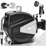 tillvex Schlauchtrommel Wasser 30+2m mit Wandhalterung + Tragegriff | Schlauchaufroller mit Handbrause und Gartenschlauch | 180° Schwenkbar | Wand-Schlauchbox mit Aufroll-Automatik | Schwarz