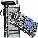 Wireless Solar Powerbank 26800 mAh mit Handkurbel und 4 Kabel, Solarladegerät Powerbank USB-C Schnellladung 7 Ausgänge 4 Eingänge für Handy, Outdoor Wasserdichter Externer Akku für Camping