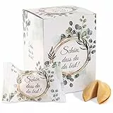 FOOD crew 12x Glückskekse Schön dass du da bist - Einzeln Verpackt - Gastgeschenk Hochzeit Gäste mit Sprüchen Deutsch – Kommunion Mitgebsel – Scherzkekse Erwachsene - Vegane Süßigkeiten