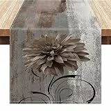 Tischläufer Moderne Grau Blume Tischdecke Abstrakte Kunstmalerei Dahlie Blumen Tischläufer Leinen für Weihnachten Feiertage Küche Bankett Esszimmer 40x140cm Herbst Boho Party Deko