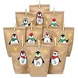 Papierdrachen Adventskalender 2025 zum Befüllen - Kraftpapier Set - mit braunen Papiertüten - Pinguine zum Aufkleben - inkl. Klammern - Weihnachten