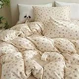 Tospass Baumwolle Bettwäsche Set 135x200cm Beige Khaki Grün Blumen Floral Schleife Mädchen Wendebettwäsche Blumenmuster Kinder Bettbezug mit Reißverschluss und Kissenbezug 80x80cm