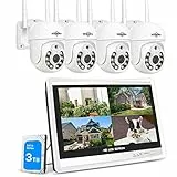 【5MP+PTZ】 Hiseeu Überwachungskamera Set Aussen WLAN mit 12''Monitor 10CH Wireless NVR,4 Pcs 5MP PTZ WiFi Kameras mit 2-Wege Audio,Farbe Nachtsicht,Fernanzeige,App&Mail Alarm,3TB HDD Inklusive