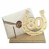 PIujsym Holz Hufeisen Aufsteller für 80 Geburtstag, Kreatives Geschenk 80 Geburtstag Mann und Geschenk 80. Geburtstag Frau, Gästebuch 80 Geburtstag Deko mit Umschlag, Originelle Geldgeschenke