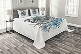 ABAKUHAUS Mops Tagesdecke Set, Fun Hund mit Blumen, Set mit Kissenbezügen Waschbar, für Doppelbetten 220 x 220 cm, Grau Teal