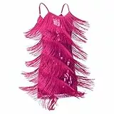 FYMNSI Latein-Tanzkleid für Mädchen, Ballsaal, Tanz-Outfit, V-Ausschnitt, glitzernde Pailletten, Quaste, Fransenkleid, Tanzkleidung, hot pink, 10-11 Jahre