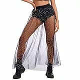 Damen 2 in 1 Transparenter Mesh Rock Shorts Hohe Taille Tüllrock Glitzer Sterne Rüschen Maxirock Sexy Streetwear Party Clubwear Schwarze Paillette M