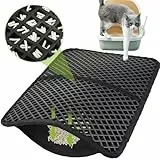Pecute Katzenklo Matte Katzenstreu Matte, Doppelschichte Katzenmatte Katzenklo, Wasserdichte Urinbeständige Matte Katzentoilette, Faltbarer Katzenklo Vorleger mit Großs Bienenwabeloch 33*46cm Schwarz