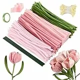 Joyblossom Pfeifenreiniger Blumen Set, 300 Stück Pfeifenputzer zum Basteln, Pfeifenreiniger zum Basteln, mit Blumendraht, Schleifenband, Blumen Staubblatt für Blumenstrauß DIY, Rosa