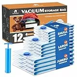 Captainfive Vakuumbeutel für Kleidung und Bettdecken, 12 Stück Vakuumierbeutel 3 Größen ((4*100x80cm + 4*80x61cm + 4*60x41cm), Vacuum Bags for Clothing mit 1 Handpumpe, Aufbewahrungsbeutel