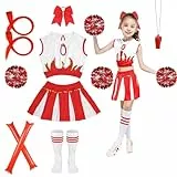 Shinybox Cheerleader Kostüm Kinder, Faschingskostüme Kinder Cheerleading mit Pompons, Socken, Pfeift Aufblasbare Cheer Sticks, Bowknot Kopfschmuck und Perücken für Karneval Halloween(Rot,160)