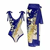 Einteiler Badeanzug Damen Sexy V-Ausschnitt Bodysuit mit Bedruckt Langer Rock Bikini Set Mode Boho Badeanzüge Outfits 2 Teilig Schwimmanzug und Strandrock Swimsuit Elegant Bademode
