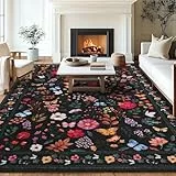 MAST DOO Teppich Wohnzimmer 160x230cm, Boho Kurzflor Teppich Waschbarer, Schlafzimmer Wohnzimmer Teppiche Großer Waschbar rutschfest Blumen Design für Esszimmer Büro Bereich Dekor, Schwarz