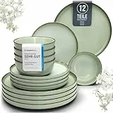 Steingut Geschirrset 4 Personen Rustic 12 tlg. TESTSIEGER, Hochwertiges Landhaussttil Steingut Geschirr Set, Schüssel- und Teller Set, Tafelservice 4 Personen, Geschirrsets Pure Living in Mintgrün