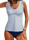 Dokotoo Tankini Damen Set Bauchweg Bademode Zweiteiliger Badeanzug Push Up Tankinis Oberteil mit Hight Waist Slip, blau Streifen, M