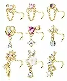 Kakonia 9 Stück 20G Baumeln Nasenpiercing Schmuck für Damen 316L Edelstahl Nasenpiercing Stecker Herz Pfeil Feder Schneeflocke Flügel CZ Dangling Nase Piercing Schmuck