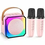 Anykuu Tragbare Karaoke Maschine Kinder Mini Karaoke Maschine mit 2 Mikrofonen Unterstützt Drahtlose Verbindung/TF/AUX/USB LED Karaoke Maschine Perfekt für Zuhause Camping Party & als Geschenk