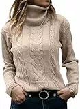 GeGekoko Pullover Damen Rollkragenshirt Cable Knit Elegant Langarm Tops Lose Grobstrick Casual Weich Jumper Sweater,Beige,S
