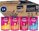 Vitakraft Poésie Classique, Vorratspackung, Nassfutter Katze, Katzennassfutter in Sauce, mit Huhn, mit Truthahn, mit Rind, mit Lachs, ohne Zusatz von Zucker und Getreide (1 Paket mit 96x 85g)