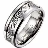 JewelryWe Schmuck Herren Wolframcarbid Ring Band Silber Schwarz Irish Celtic Knot Irischen Keltisch Knoten Drachen Jahrgang Hochzeit Größe 74