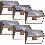 kolpop Solarlampen für Außen mit Bewegungsmelder, 6 Stück 3 Modi 180°Solarleuchten Aussenleuchte, IP65 Wasserdichte 140 LED Superhelle Solarleuchten für Außen Garage Wand Hof，Brauner Rahmen