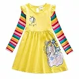 TSWRK Kleid Mädchen Prinzessinkleid Casual A-Linie Kleider Regenbogen Langarm Einhorn Print für 3-7Jahre
