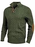 JMIERR Herren Pullover mit Zopfmuster lässiger Stehkragen grobe Freizeit-Strickpullover mit 1/4-Knöpfe Winterpullover Herren Dunkelgrün L