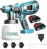 Akku Farbsprühsystem,Kompatibel mit Makita 18V Akkus, Elektro HVLP Lackierpistole mit 3 Düsen, 3 Spritzmuster,1000ml Farbsprühgerät,Hohe Leistung，zum Streichen (2x3000mAh Akku)