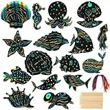 Kotkiddy® 16 Blätter Meerestiere kratzbilder für Kinder kratzpapier Regenbogen Scratch Art mit Holzstiften Seile DIY meerestiere Zeichnen Basteln