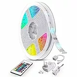 B.K.Licht - LED Strip 10m mit Fernbedienung, buntes RGB Licht, dimmbar, selbstklebend, LED Streifen, Leiste, Zimmer Deko, Gaming Deko, Band, Lichtleiste, Lichtband, 1000x1x0,25 cm, Weiß