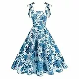 IBTOM CASTLE Vintage-Kleid mit Blumenmuster für Damen – Sweetheart A-Linie Korsett Sommer Sommerkleid – quadratischer Ausschnitt ärmellose Kleider für Dinner-Party, Reisen, blau, S