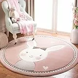 Sedefen Kinder Teppich Rund 160cm Kinderzimmer Mädchen Rosa Hasen Motive Kinderteppich Waschmaschinenfest rutschfest Flauschig Teppich für Schlafzimmer Wohnzimmer