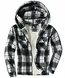 igeekwell Fleecejacke Herren Winterjacke mit Kapuze Hemdjacke für Männer Karierte Jacke Flanellhemd mit FleeceFutter & Reißverschluss Holzfällerjacke Thermojacke für Outdoor Schwarz