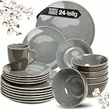 Moritz & Moritz SENSE 24-tlg. Geschirrset 6 Personen Grau - Stylisches Steinzeug Geschirr Set - Kratz-, Mikrowellen- & Spülmaschinenfest, Essgeschirr, Tafelservice, Kombiservice 6 Personen