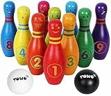 Bowling Kinder Holzspielzeug - Kegelspiel für Kinder groß mit Gesichtsgefühlen und Zahlen - Bowlingset mit 10 Kegeln und 2 Bowlingkugeln aus Holz - Holzspielzeug für 2 Jahre Kleinkinder