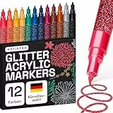 Artistro 12 Glitzer Filzstifte Zeichenset, Stifte zum Bemalen von Steinen, Felsmalerei, Keramik, Glas, Holz, Stoff, Scrapbooking, DIY Projekte, Set Acryl Glitzer Stifte mit Extra-Feiner Spitze 0,7mm