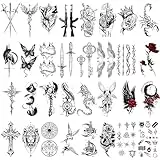 Qpout 32 Blatt Schwarz Temporäre Tattoos für Erwachsene, Wasserdicht Realistisch Sexy Piraten Blumen Schmetterling Gefälschte Tattoo Aufkleber Für Frauen Männer Arm Schwarz Halloween Party