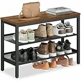 VASAGLE Schuhbank mit 3 Ebenen, Schuhregal, Schuhablage, einteiliges Design, mit erhöhten Kanten, Industrie-Stil, einfache Montage, 28 x 75 x 50 cm, vintagebraun-tintenschwarz LSB070KD02