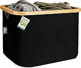 HENNEZ Aufbewahrungskorb 40L Faltbarer Wäschekorb - Körbe zur Aufbewahrung Schwarz Regal Aufbewahrungsboxen Stoff - Wäschekorb Aufbewahrungskörbe Faltbar Groß mit Bambus - Wäschekorb Körbchen Bambus